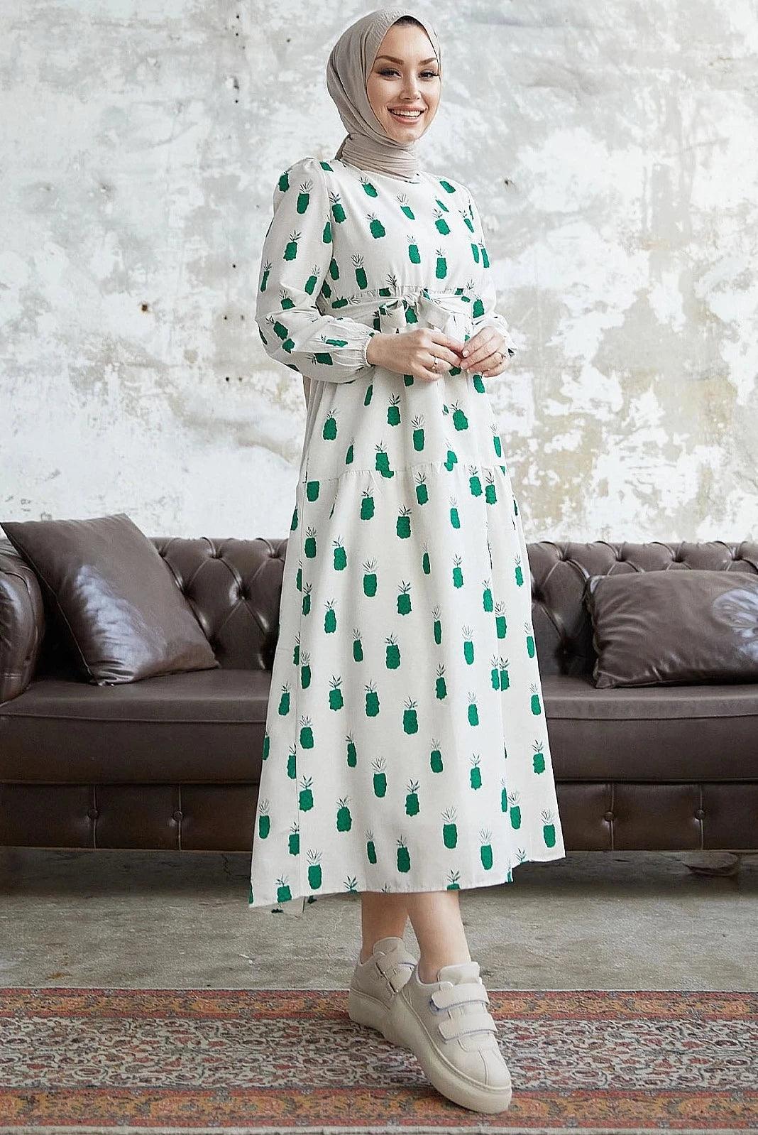 Pineapple Pattern Long Abaya Dress for Eid Muslim Women