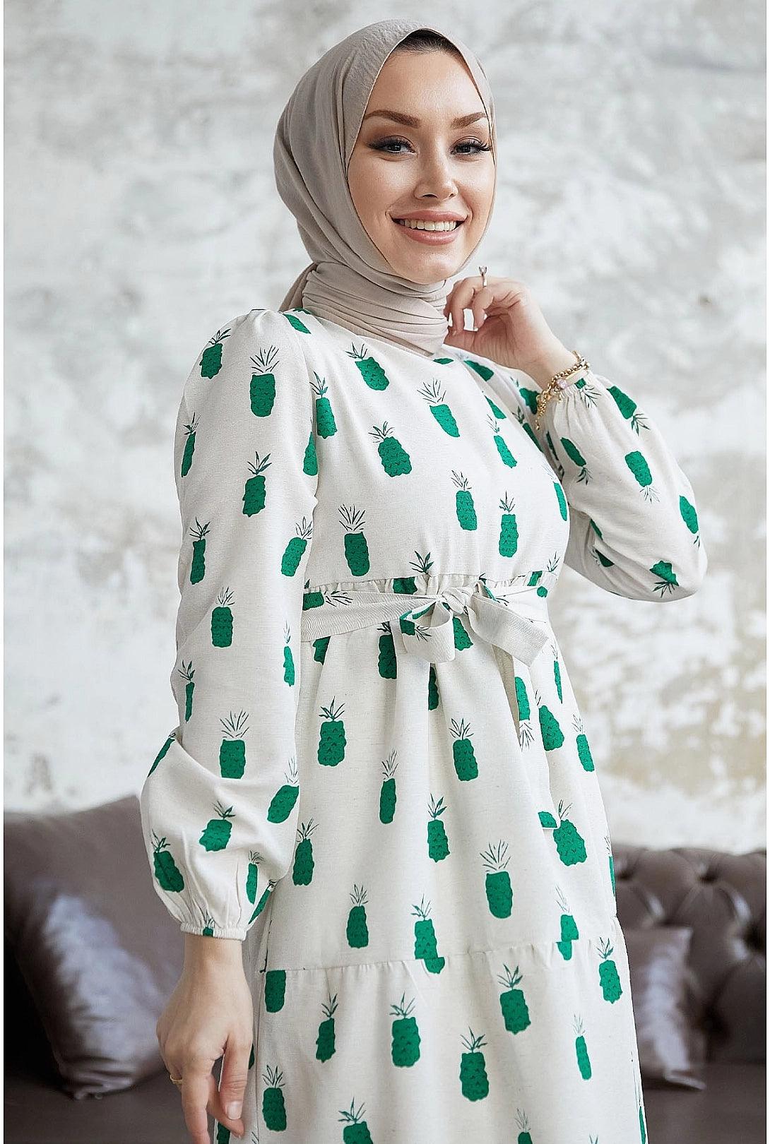 Pineapple Pattern Long Abaya Dress for Eid Muslim Women