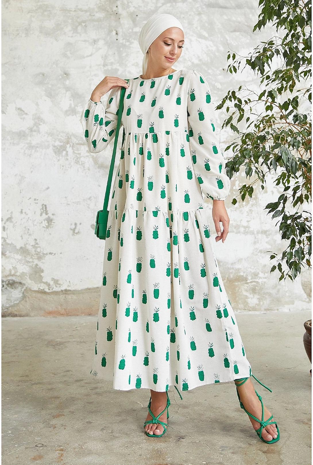 Pineapple Pattern Long Abaya Dress for Eid Muslim Women