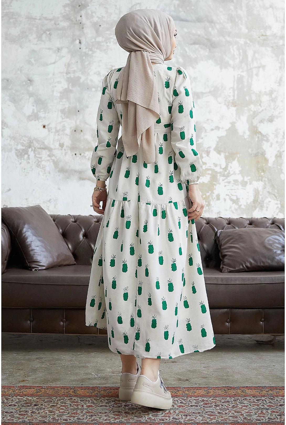 Pineapple Pattern Long Abaya Dress for Eid Muslim Women