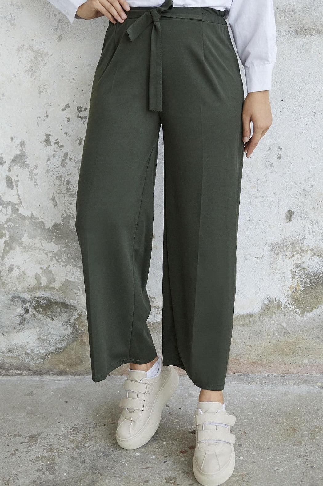 High Waist Belted Loose Pants - Dark Khaki