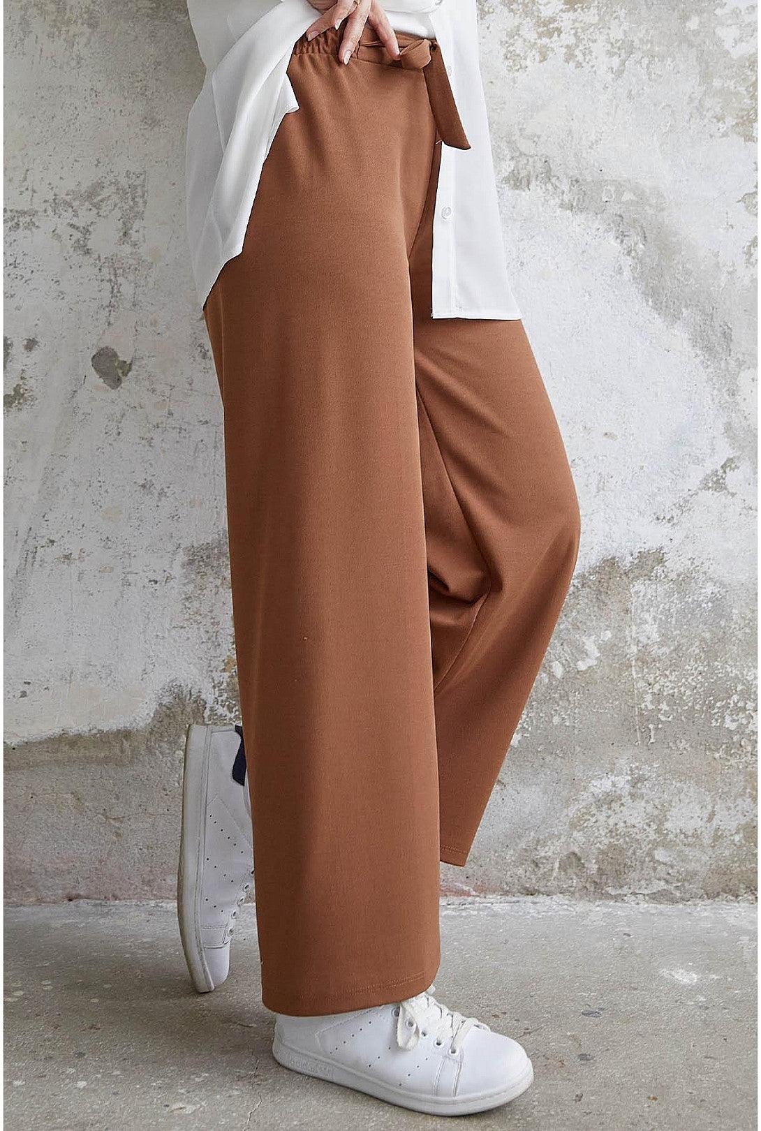 High Waist Belted Wide Pants - Brown