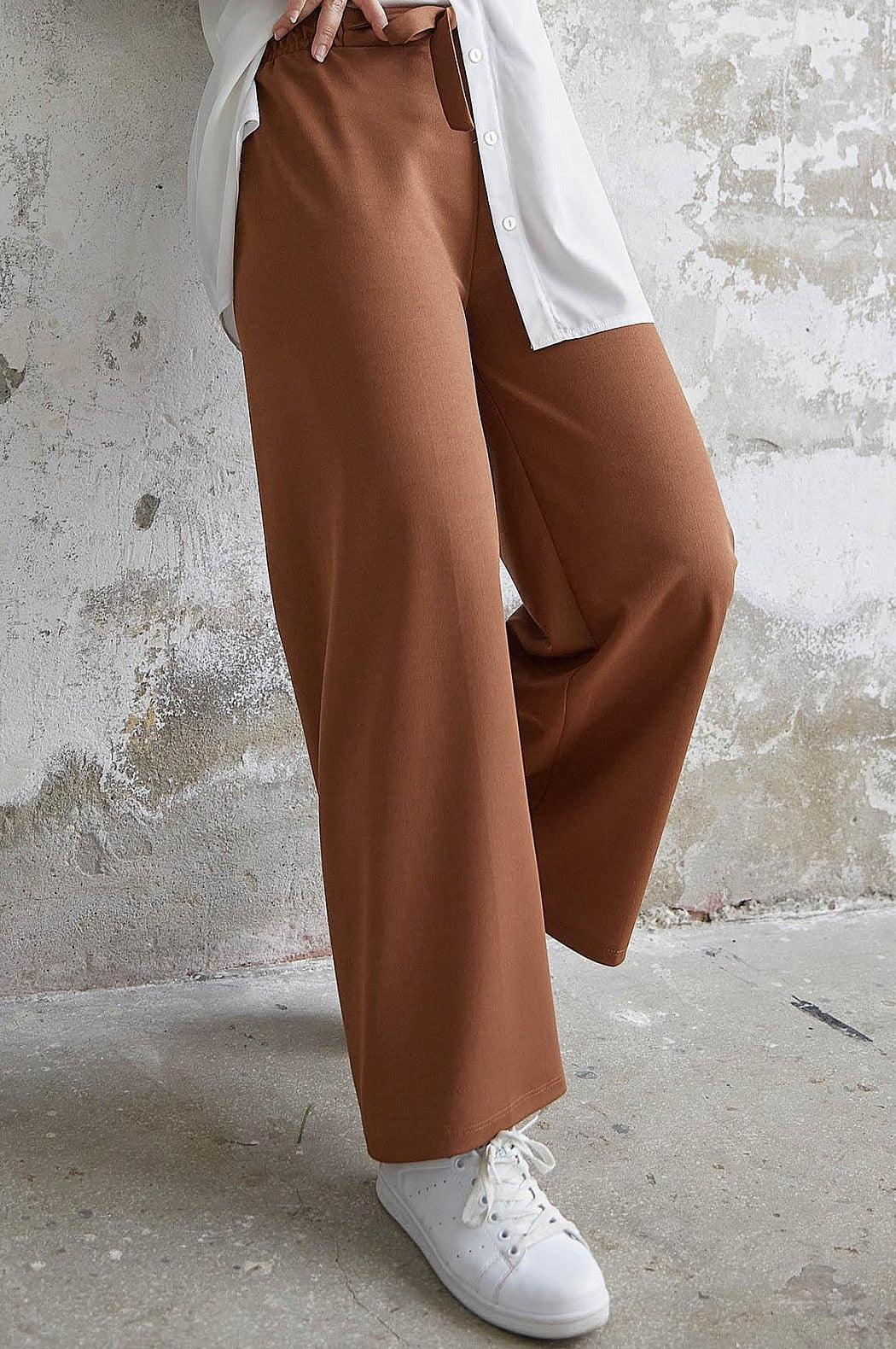 High Waist Belted Wide Pants - Brown