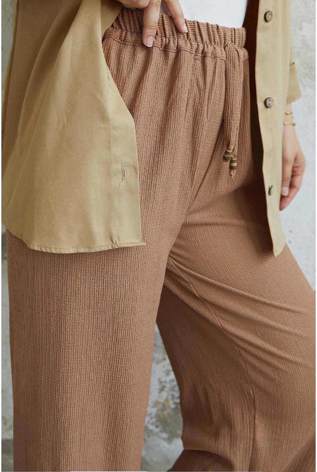 Wrinkled Fabric Pants with Elastic Waist - Milk Brown
