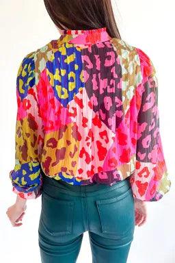 Rose Leopard Patchwork Printed Pleated Pink Blouse