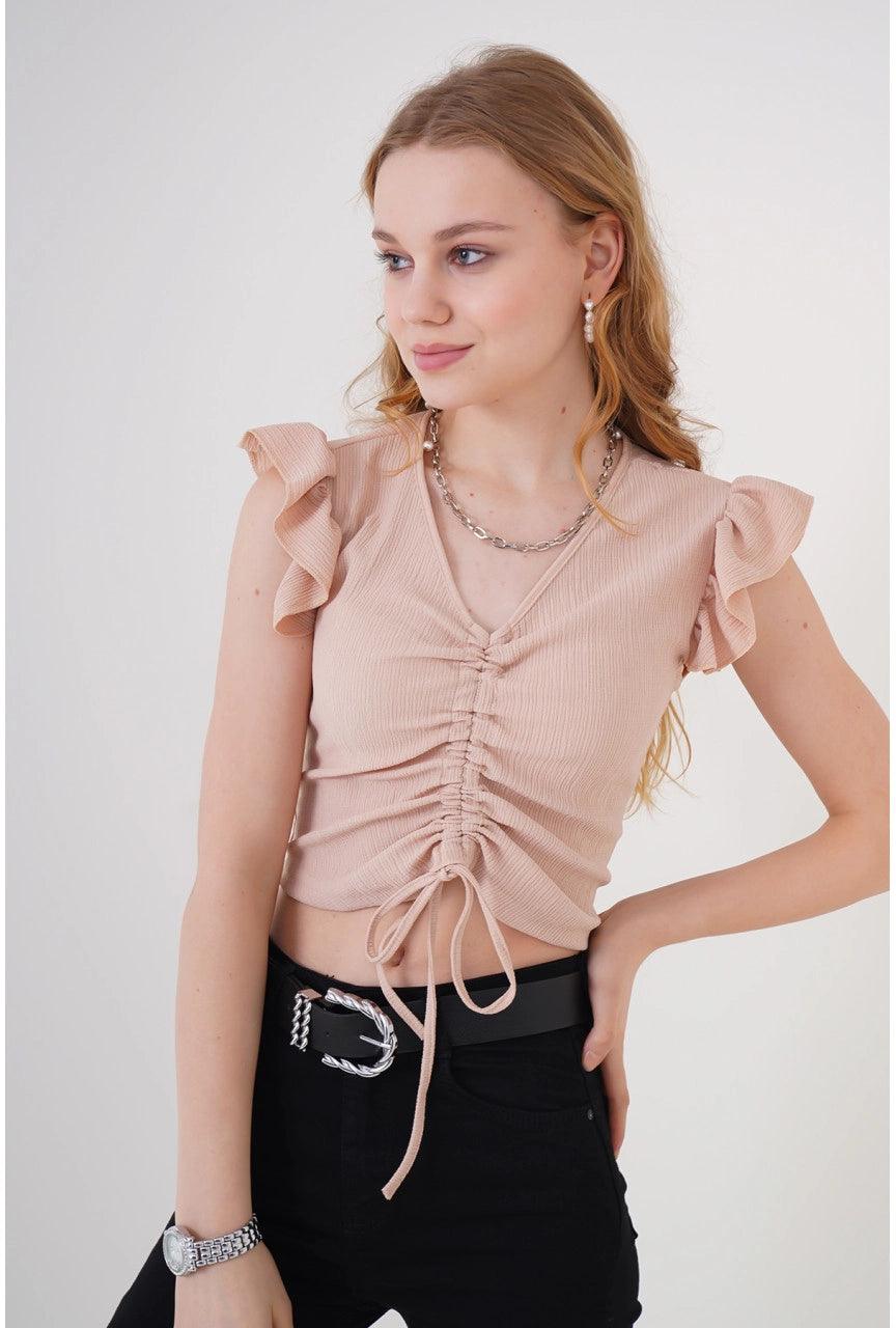 Knitted Cropped Blouse Top - Biscuit Color