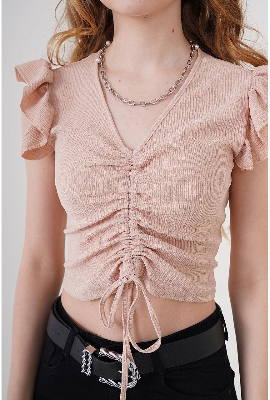 Knitted Cropped Blouse Top - Biscuit Color
