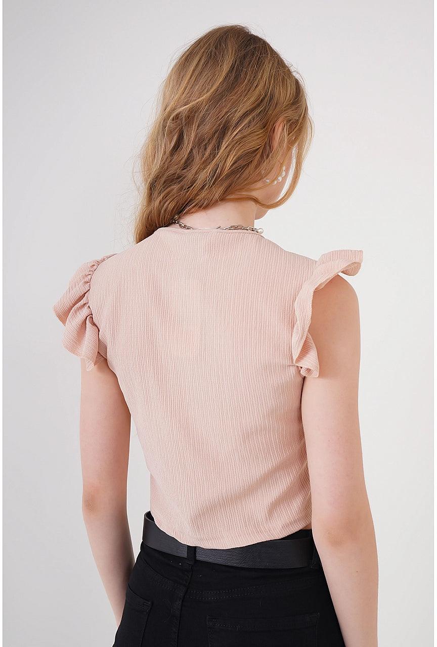 V-Neck Knitted Cropped Blouse Top for Women