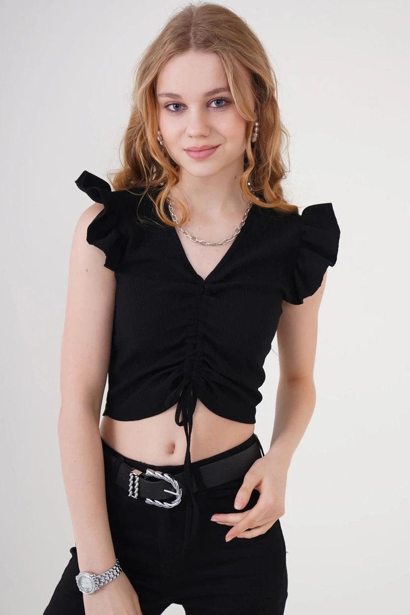 Black Knitted Cropped Blouse Top - Black