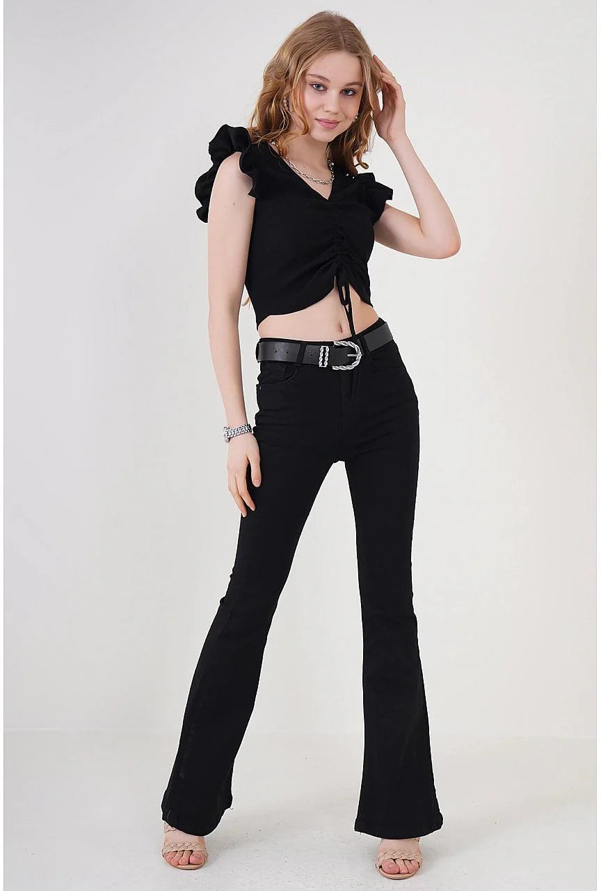 V-Neck Knitted Cropped Blouse Top for Women