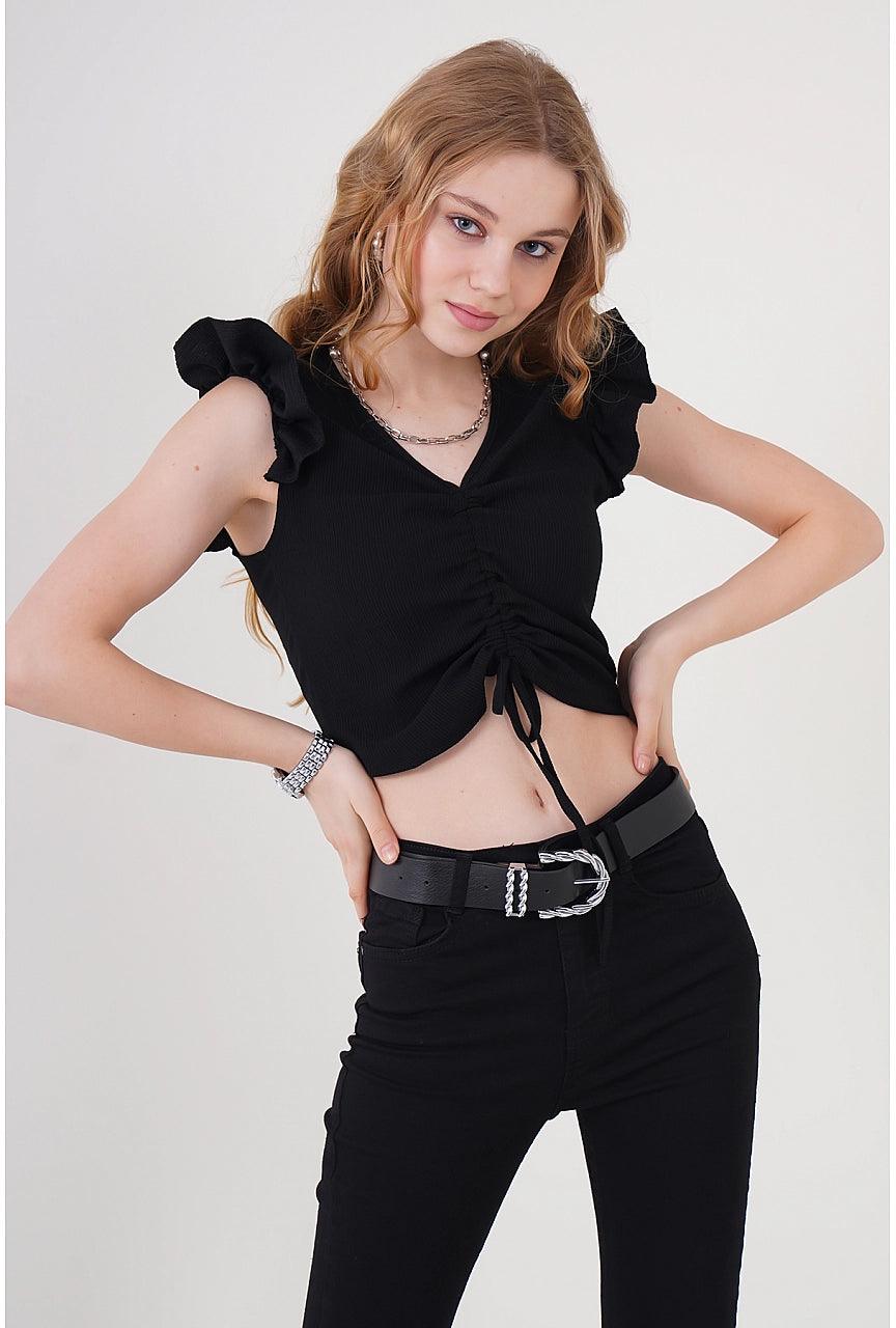 Black Knitted Cropped Blouse Top - Black