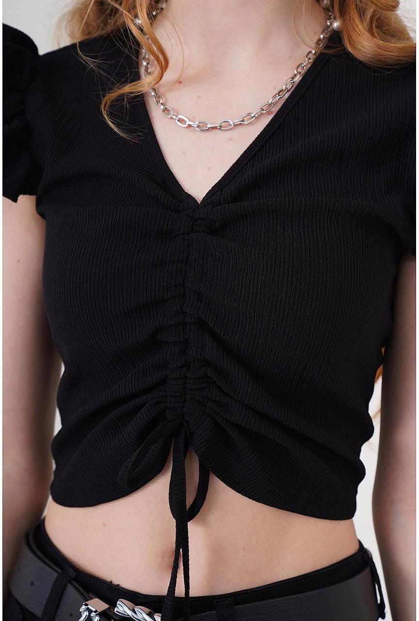 V-Neck Knitted Cropped Blouse Top for Women