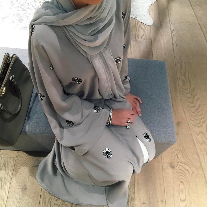On sale - Dubai Style Open Abaya - Diamond Decoration - Grey