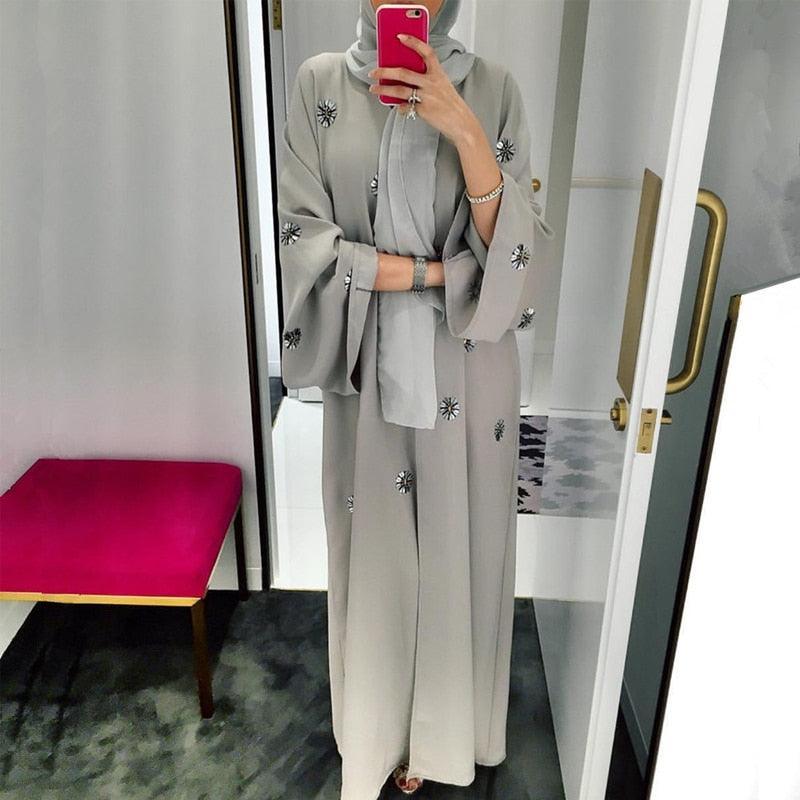 On sale - Dubai Style Open Abaya - Diamond Decoration - Grey