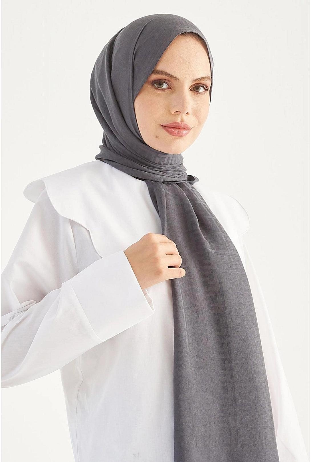 Patterned Cotton Muslim Hijab Shawl-  Anthracite Grey