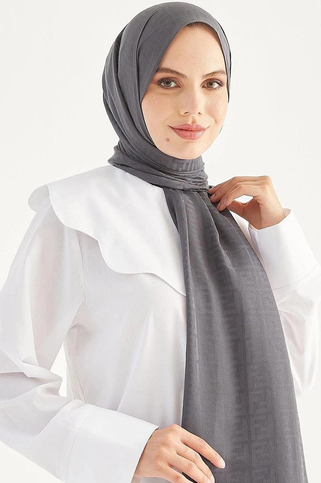 Patterned Cotton Muslim Hijab Shawl- Anthracite Grey
