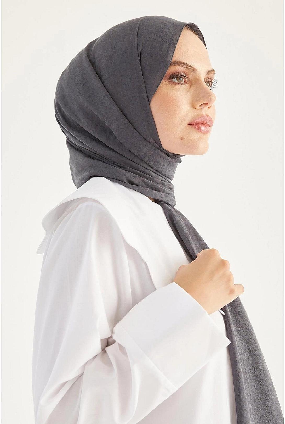 Patterned Cotton Muslim Hijab Shawl-  Anthracite Grey