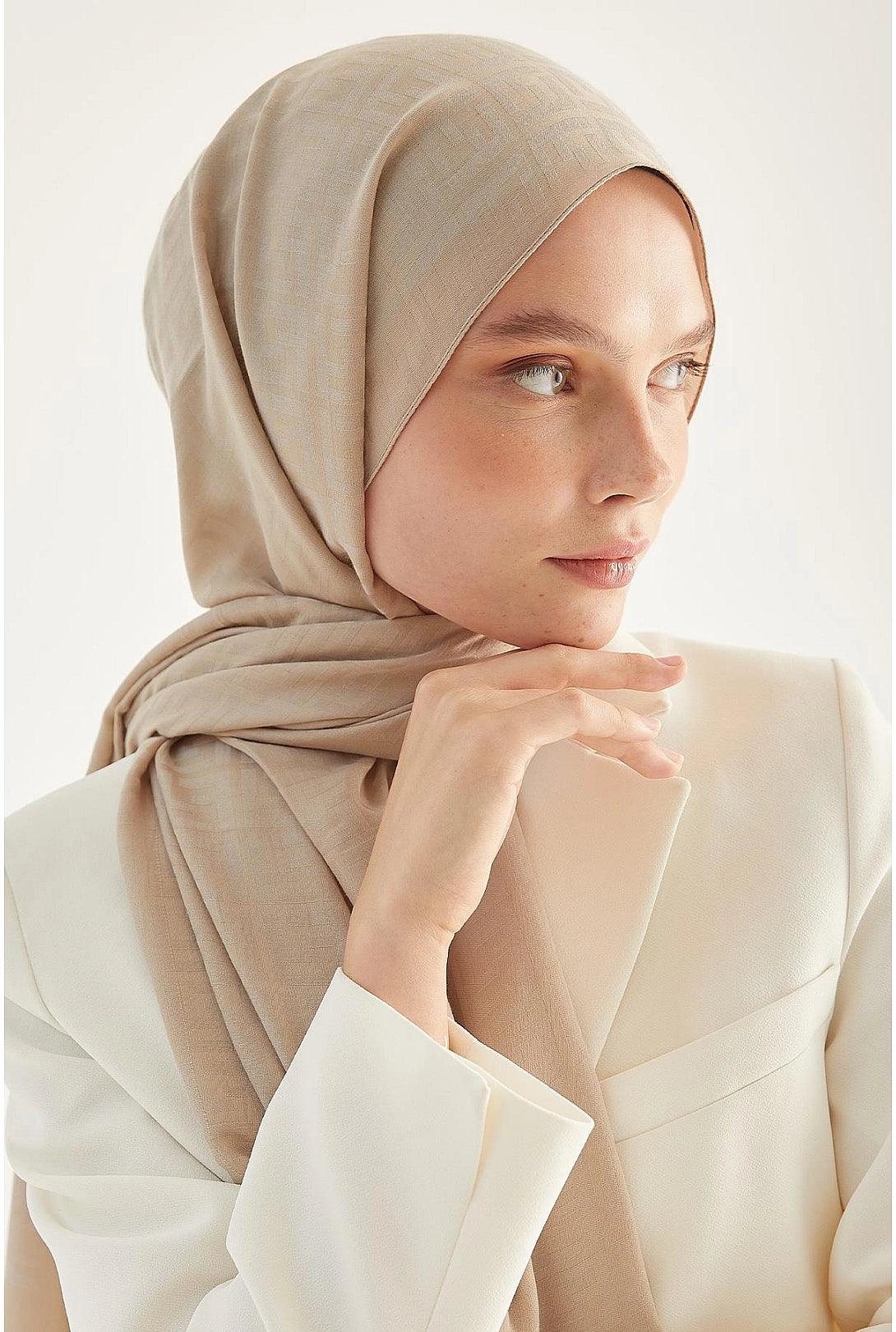 Patterned Cotton Hijab Shawl Scarf - Beige