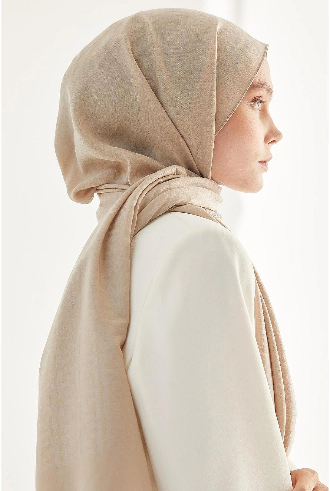 Patterned Cotton Hijab Shawl Scarf - Beige