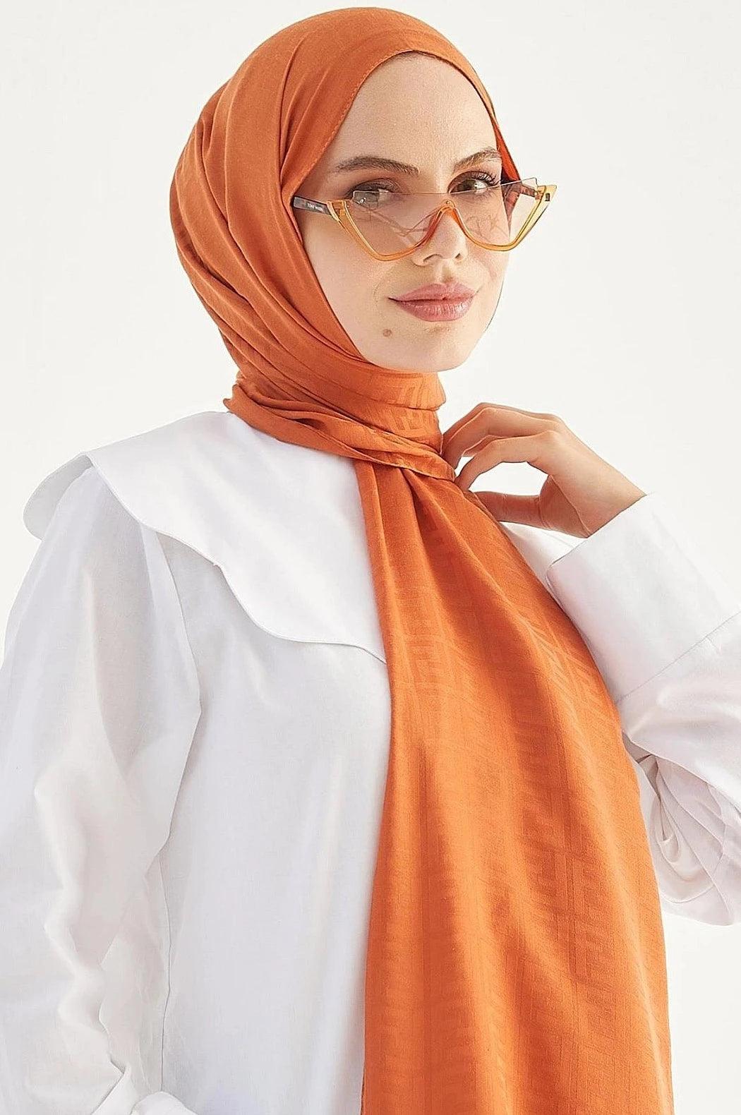 Cotton Patterned Hijab Scarf Shawl - Orange