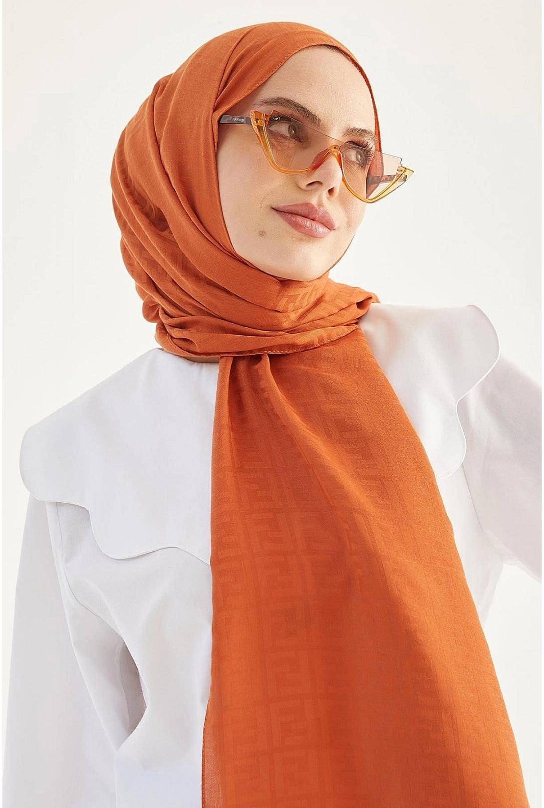 Cotton Patterned Hijab Scarf Shawl - Orange