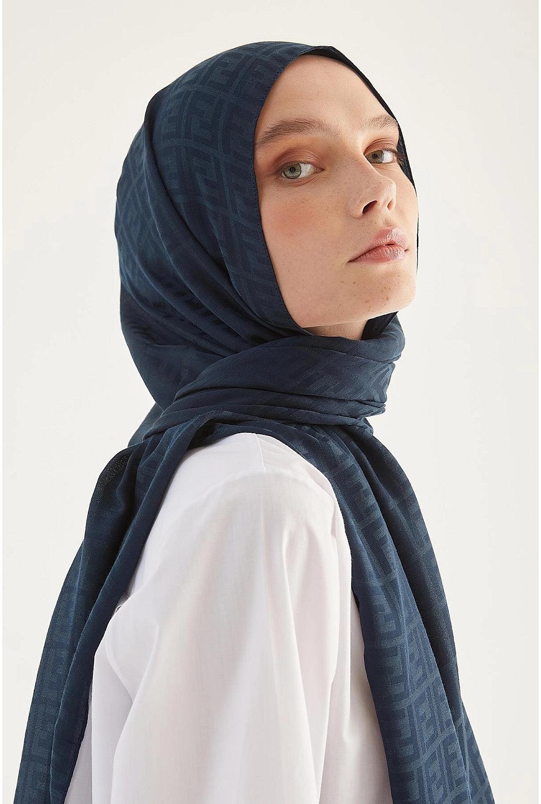 Cotton Hijab Scarf Shawl with Patterns - Navy Blue