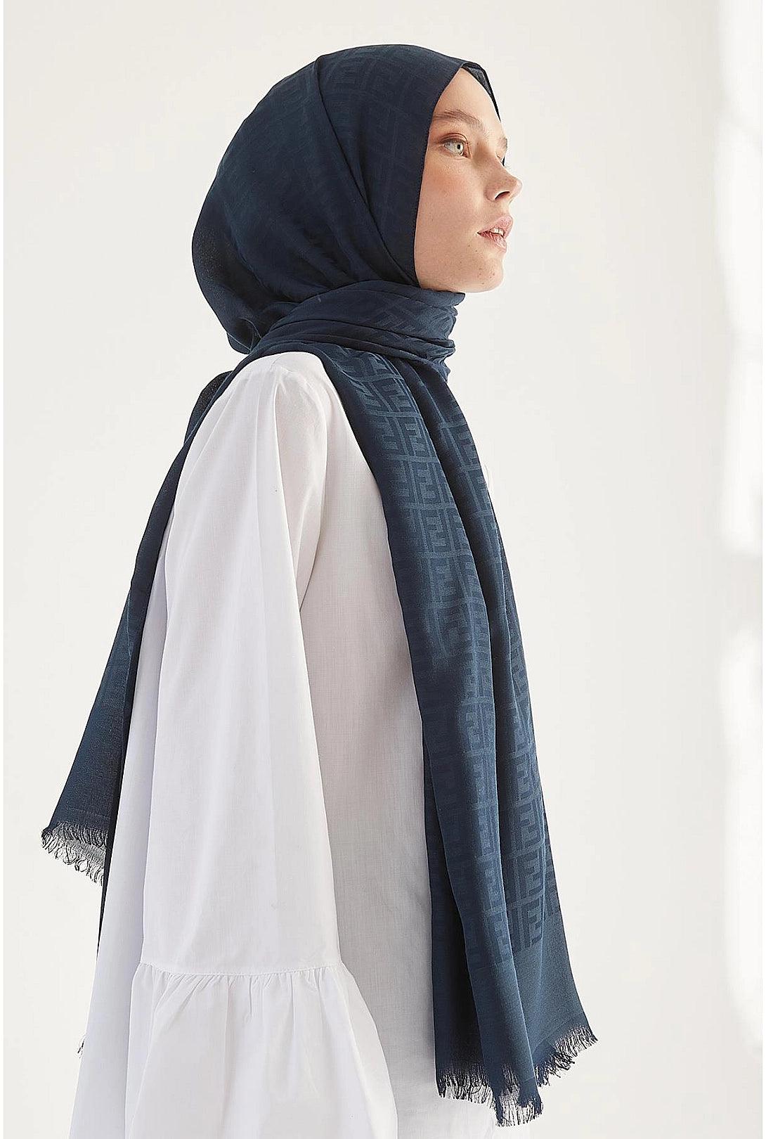 Cotton Hijab Scarf Shawl with Patterns - Navy Blue