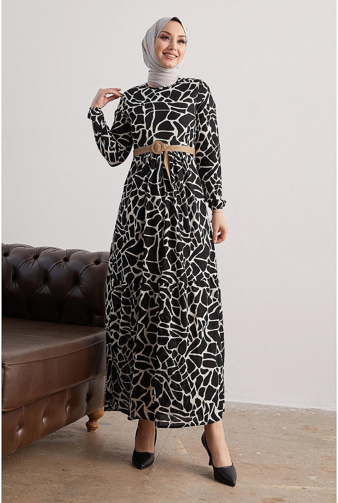 Stone Patterned Abaya Dress with Straw Belt for Muslim Fasion