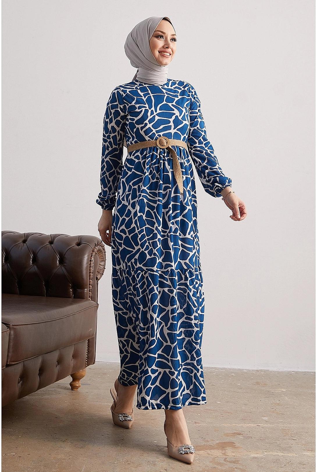 Stone Patterned Straw Belt Modest Abaya Dress - Indigo
