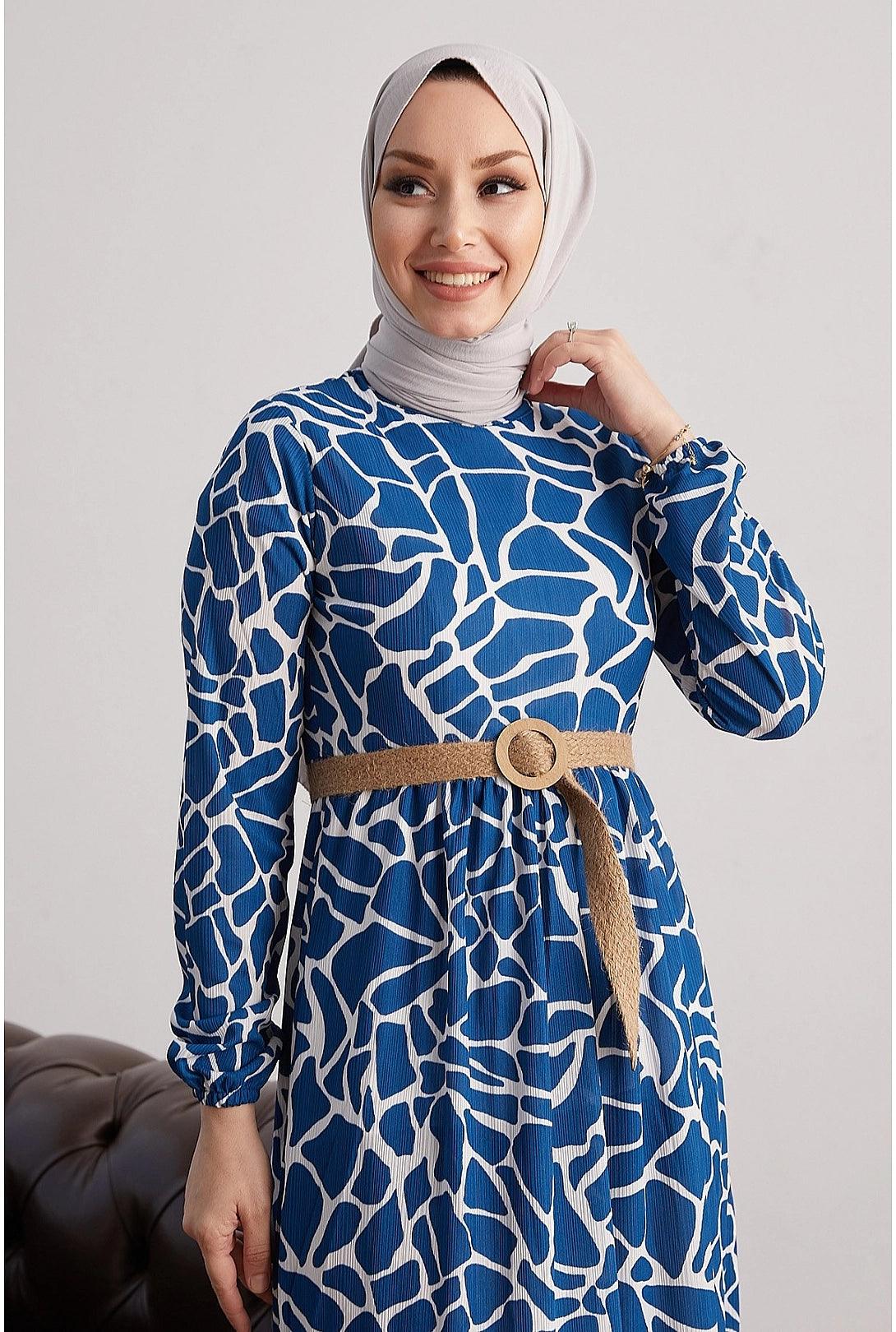 Stone Patterned Straw Belt Modest Abaya Dress - Indigo