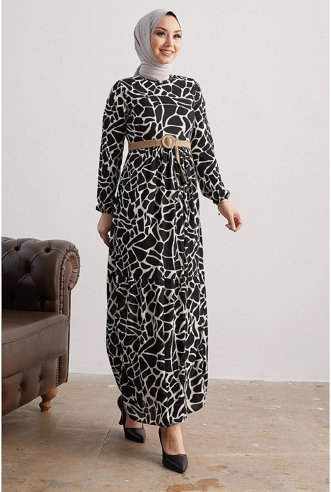 Stone Patterned Abaya Dress with Straw Belt for Muslim Fasion