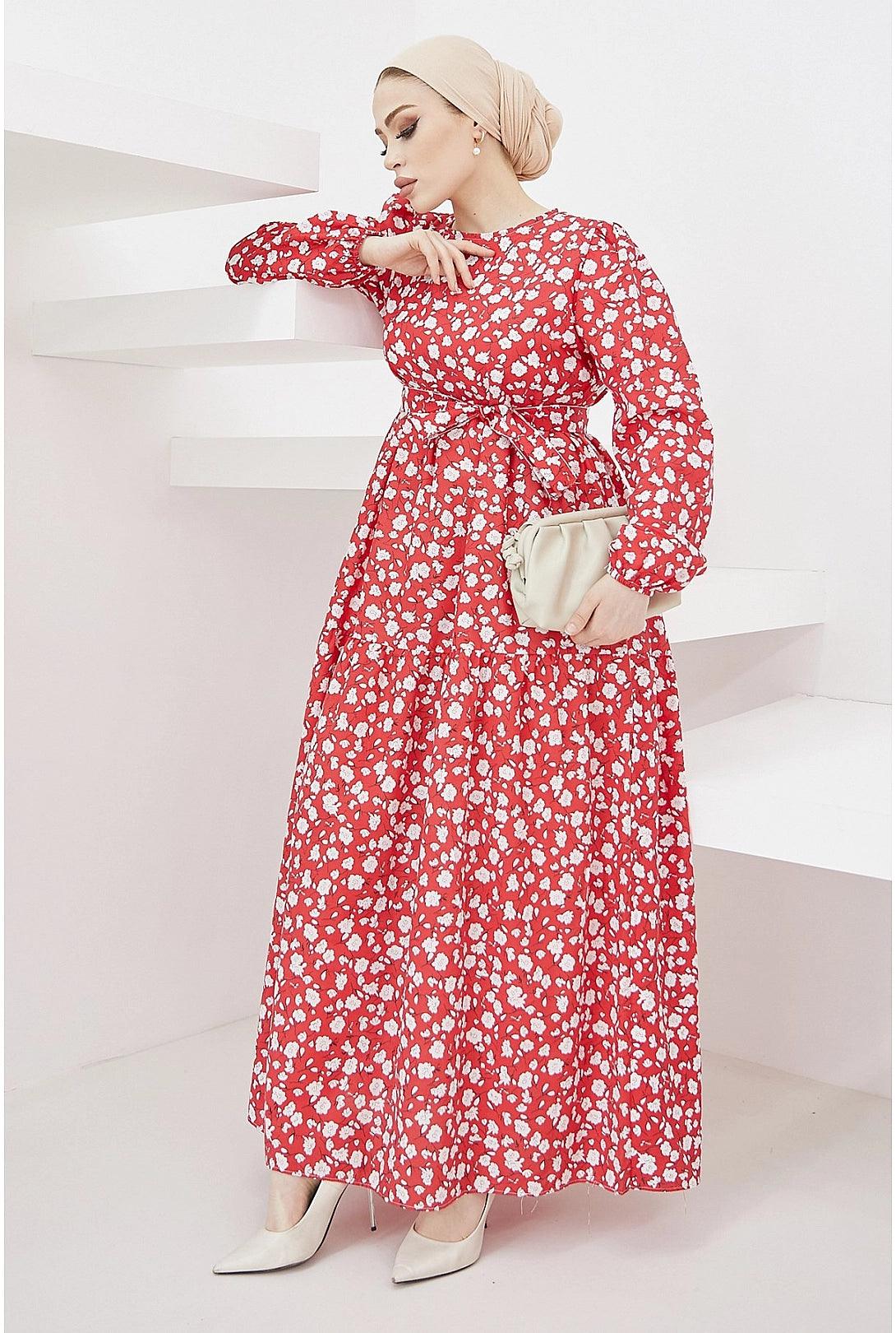 Crispy Pattern Belted Abaya Dress - Red