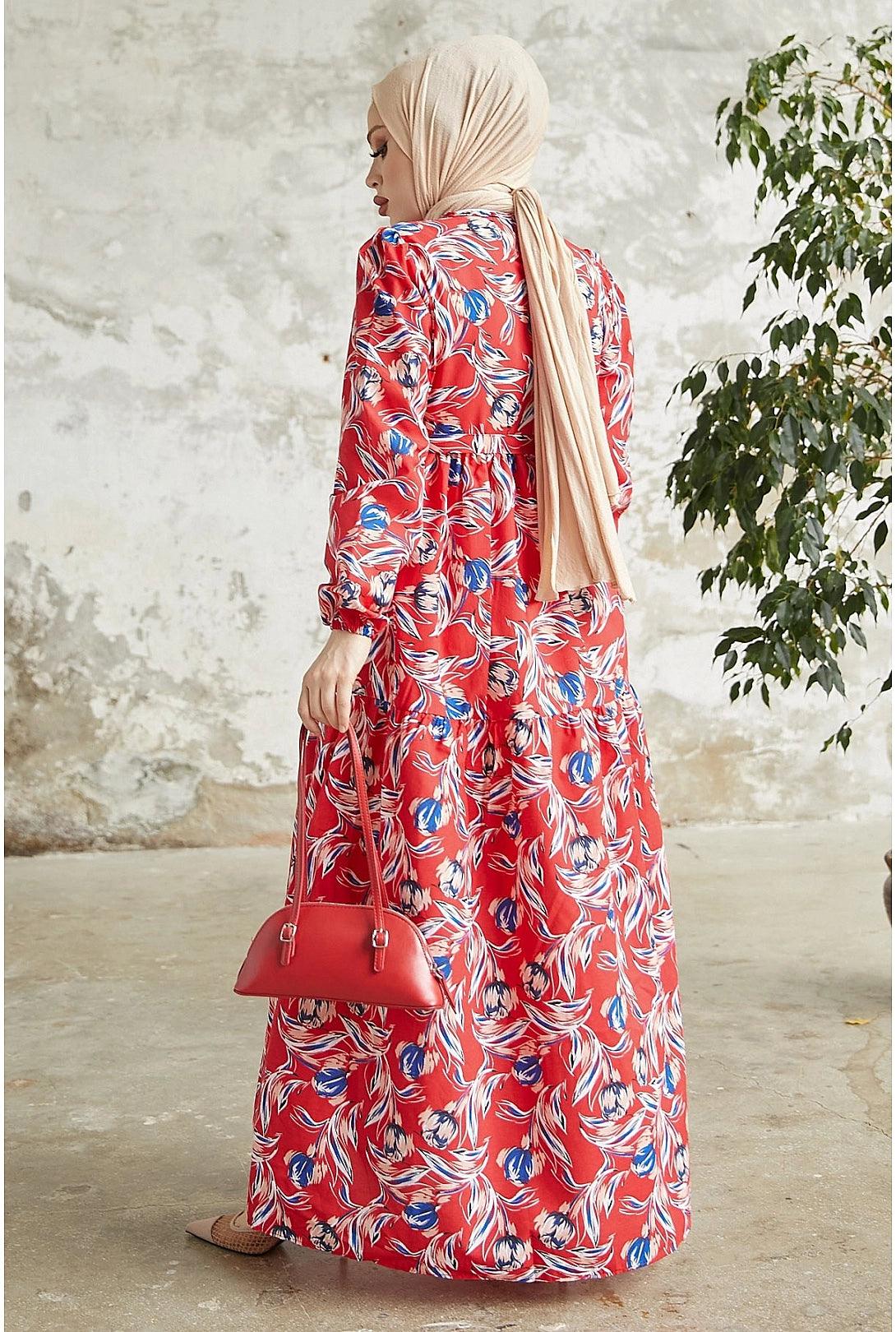 Floral Pattern Belted Dubai Abaya Dress - Red