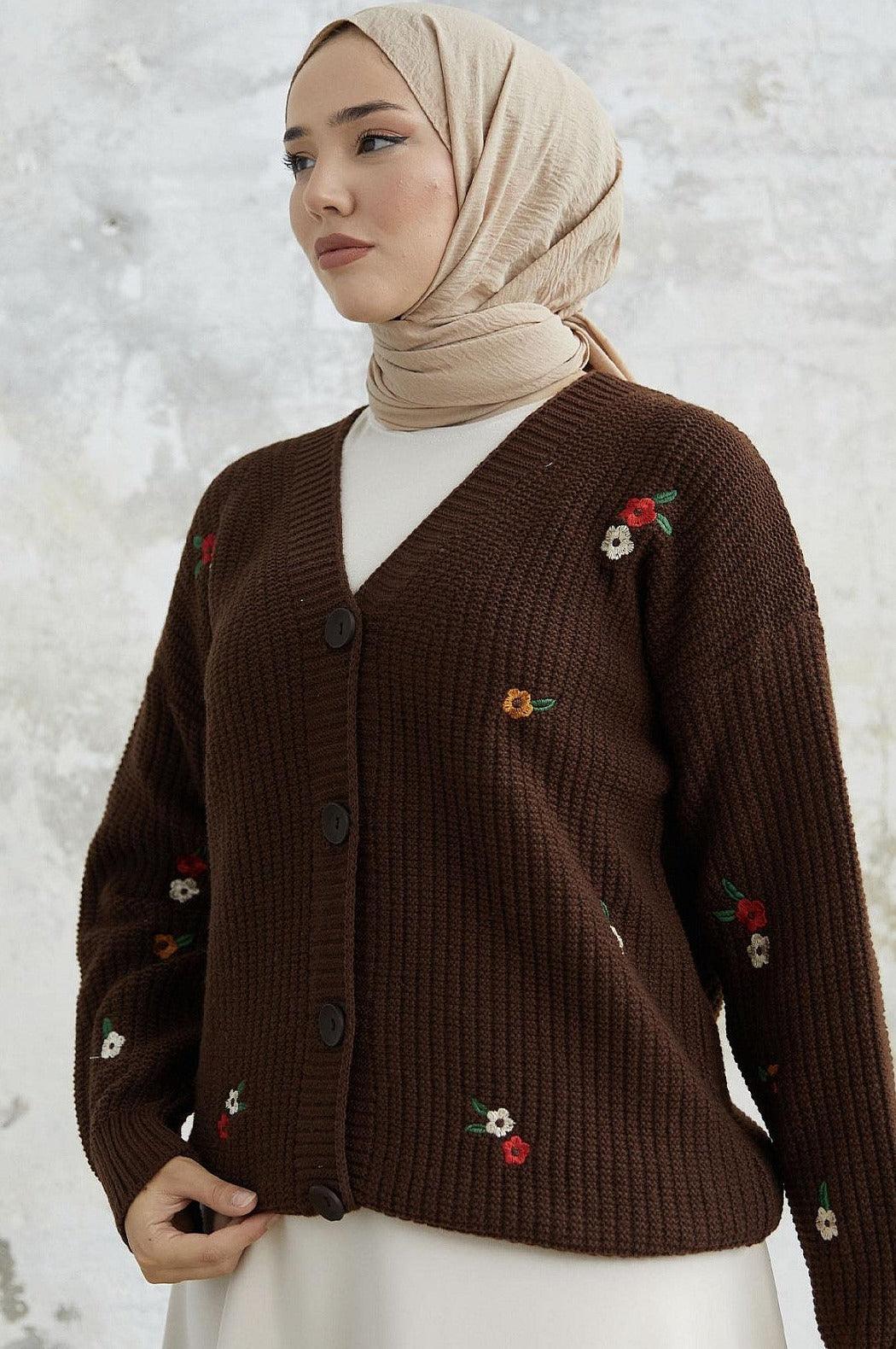 Floral Embroidered Cardigan Sweater - Dark Brown