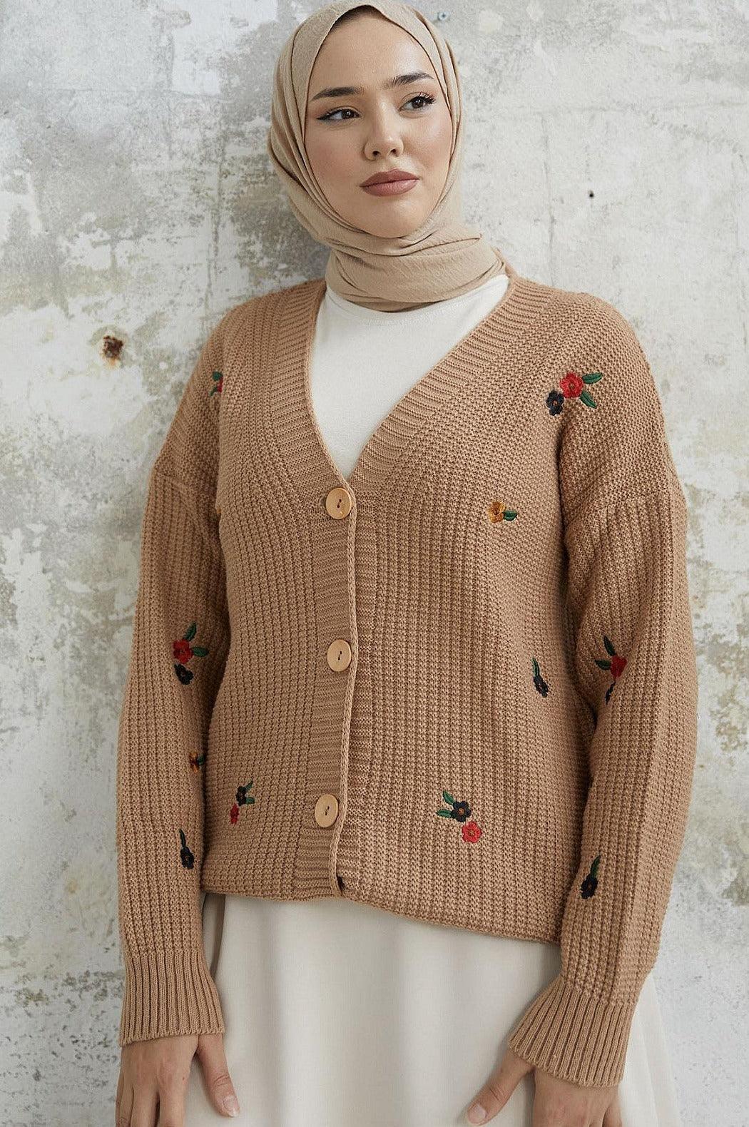 Floral Knitted Cardigan Sweater - Camel Brown