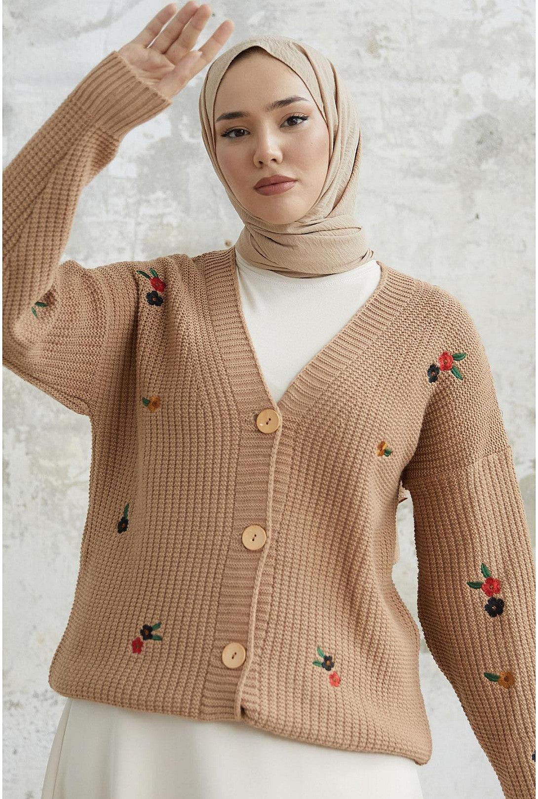 Floral Knitted Cardigan Sweater - Camel Brown