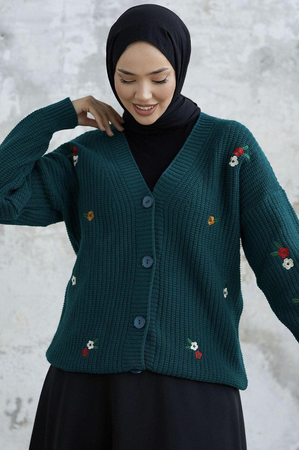 Floral Embroidered Knitted Cardigan - Emerald Green