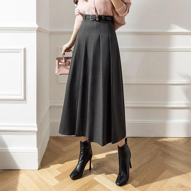 On sale - High Waist Pleated Wool Skirt - 3 Colours - Free