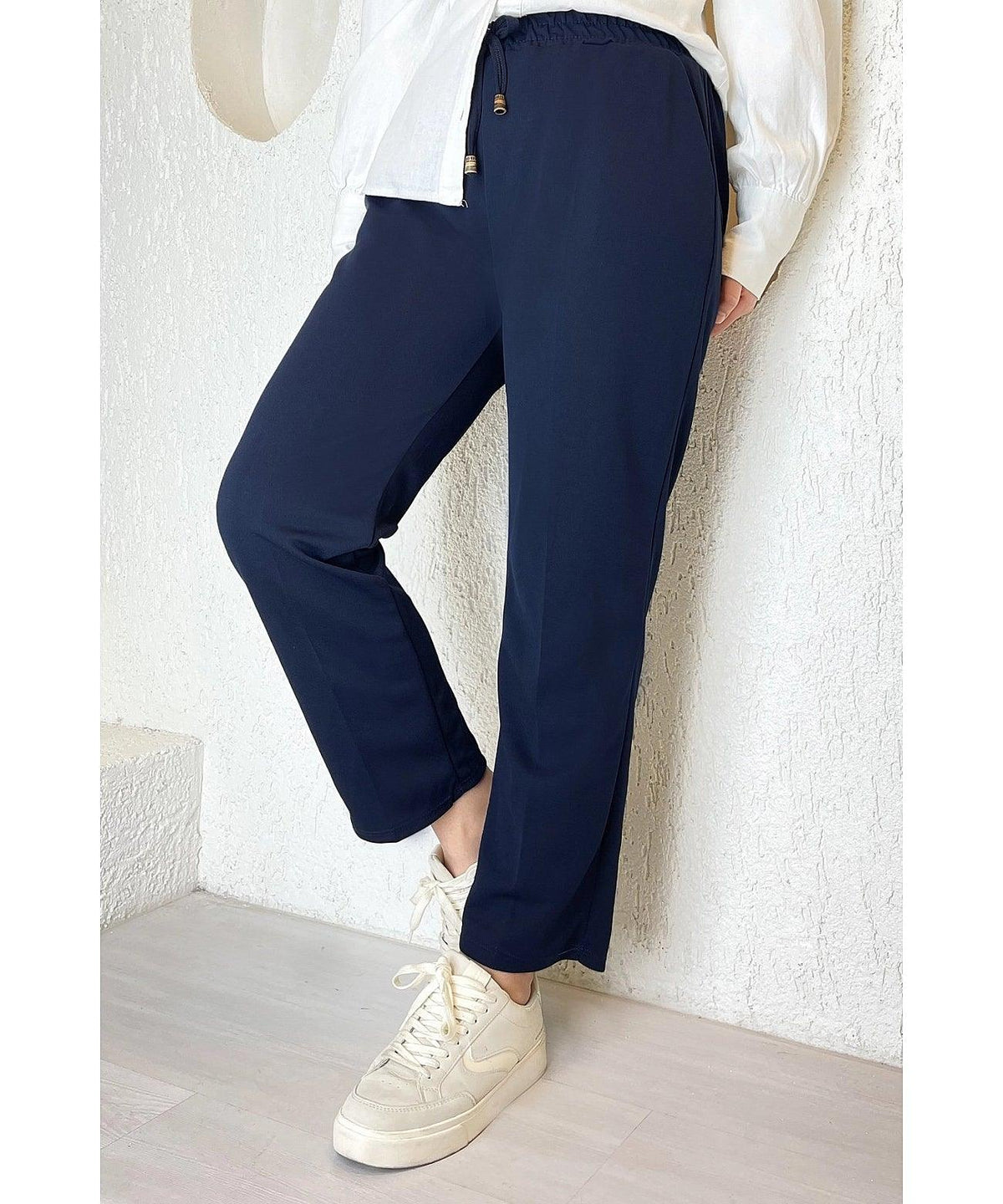 Womens Elastic Waist Double Fabric Pants - Navy Blue