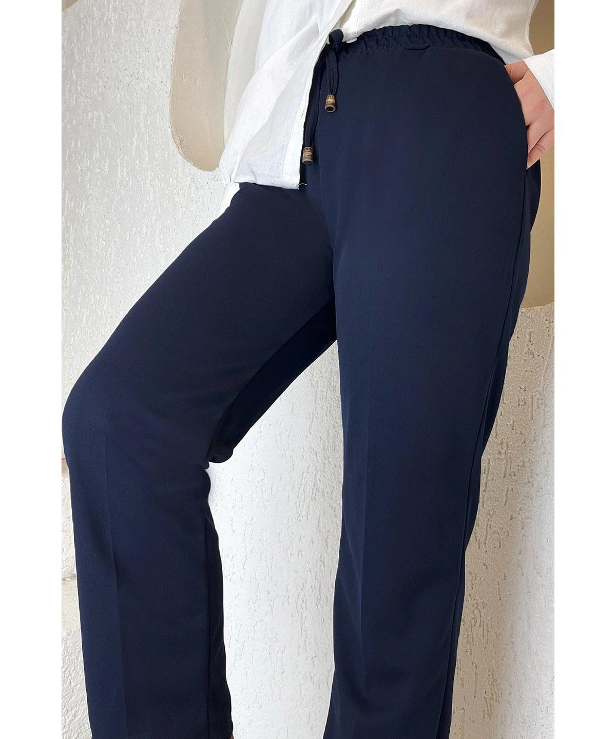 Womens Elastic Waist Double Fabric Pants - Navy Blue