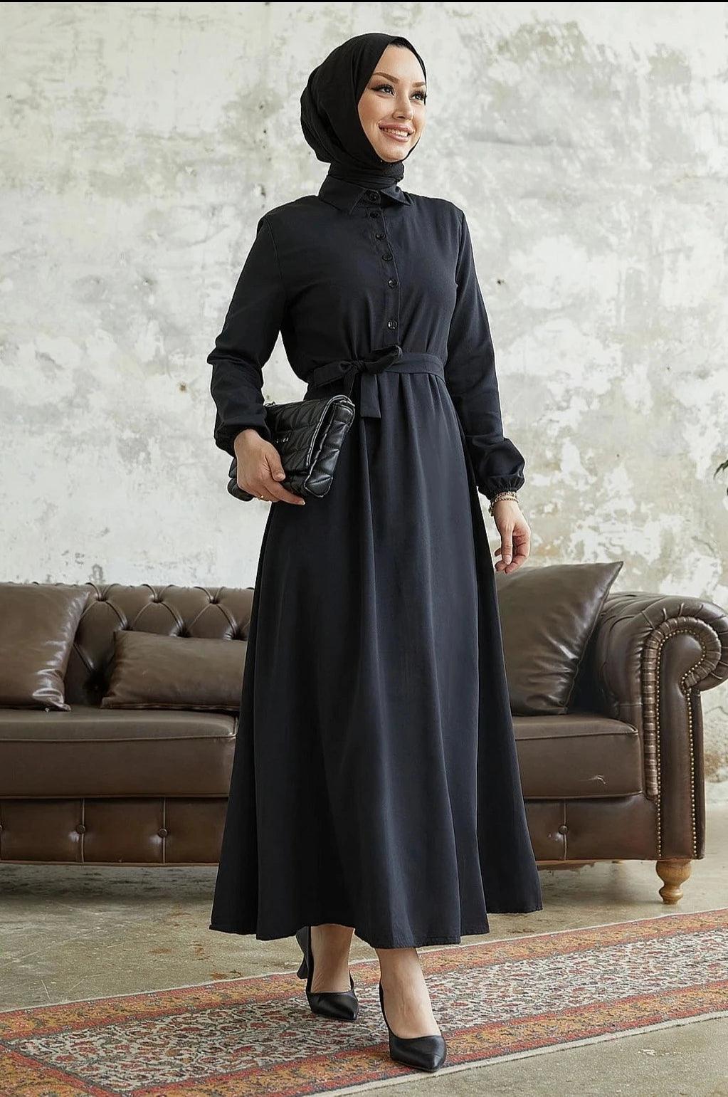Solid Belted Abaya Dress With Buttons - Black