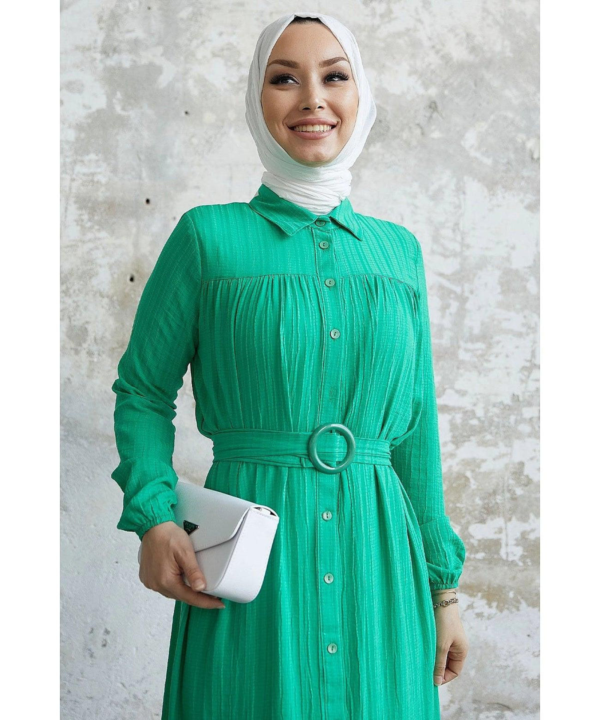 Textured Belted Abaya Dress with Buttons - Green