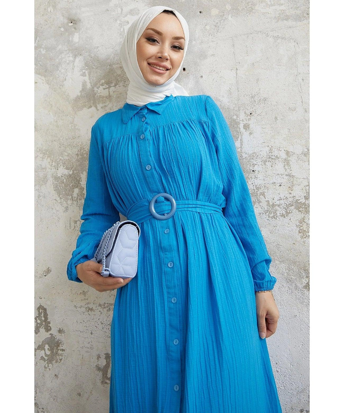 Textured Abaya Dress with Belt and Buttons for Eid Muslim Women