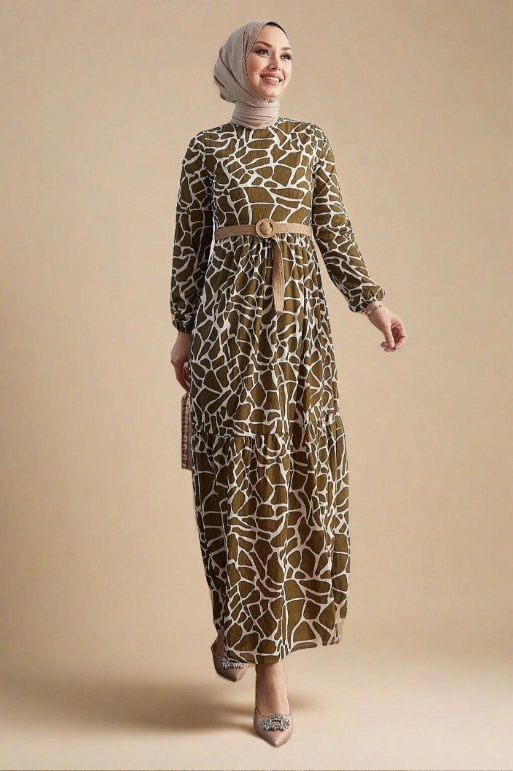 Stone Patterned Straw Belt Turkish Abaya Dress - Khaki