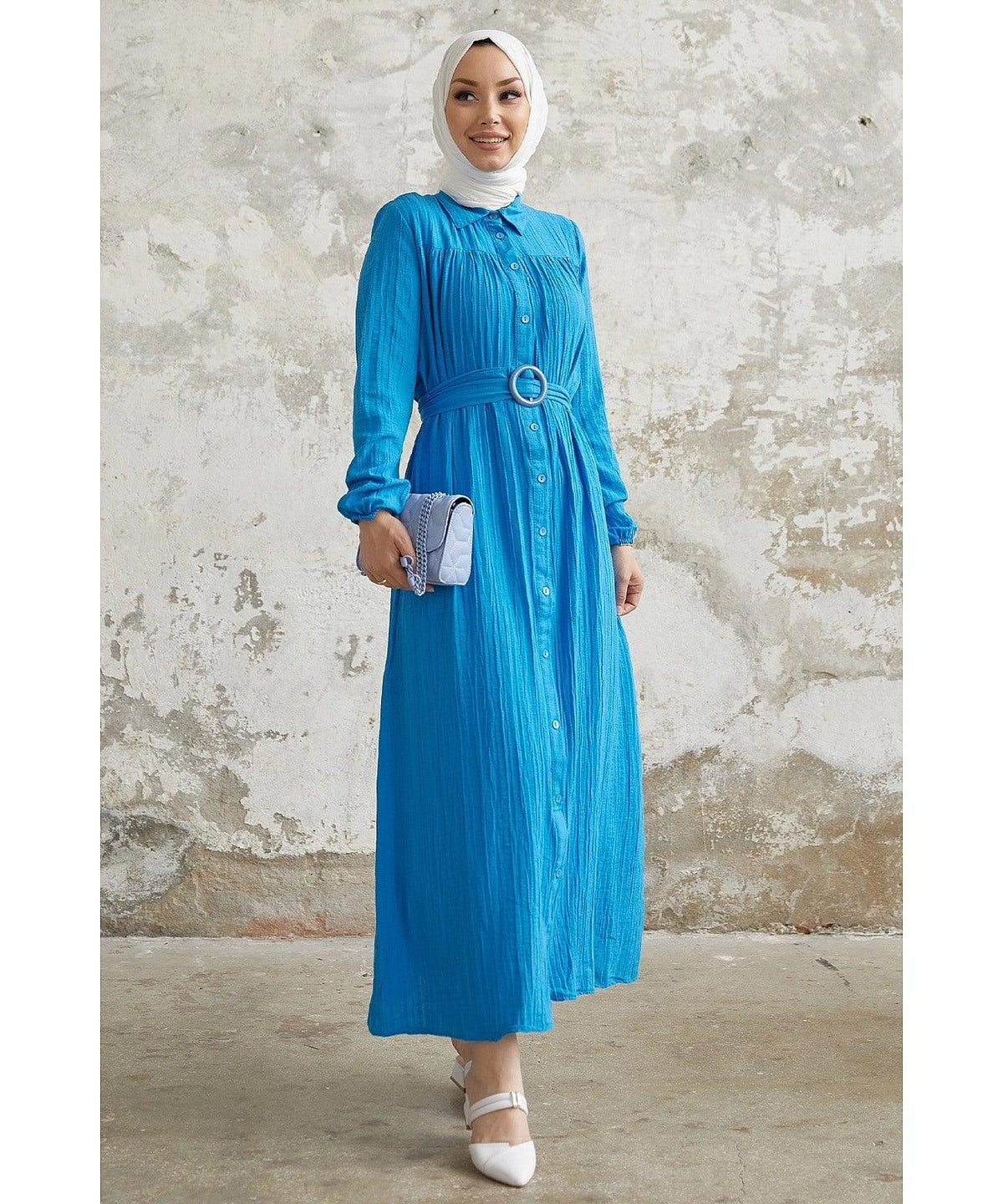 Textured Abaya Dress with Belt and Buttons for Eid Muslim Women