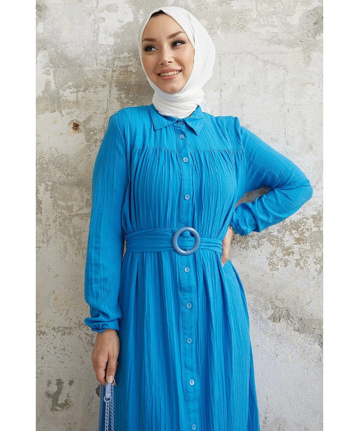 Textured Abaya Dress with Belt and Buttons for Eid Muslim Women