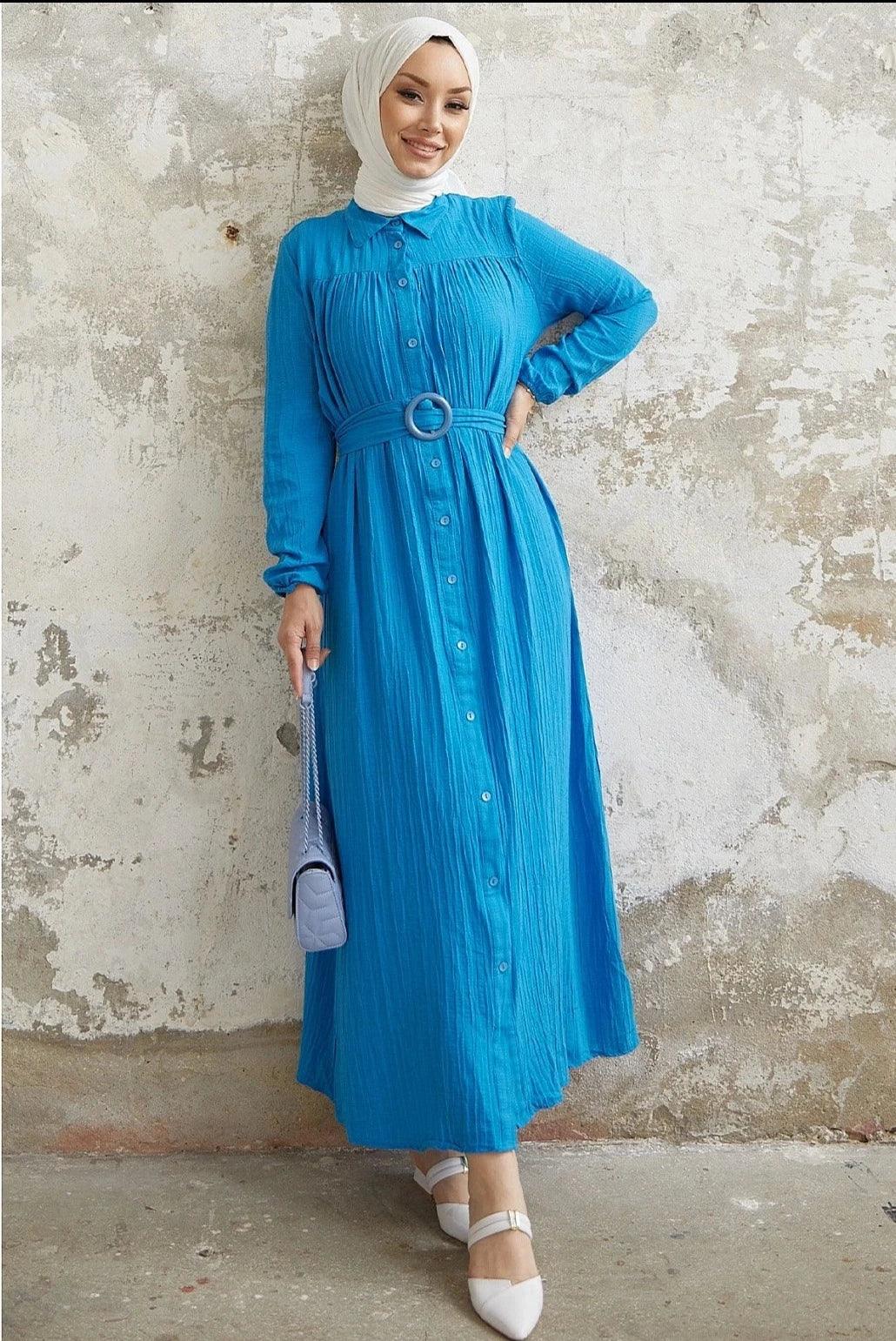 Detailed Buttoned Abaya Dress with Belt - Blue