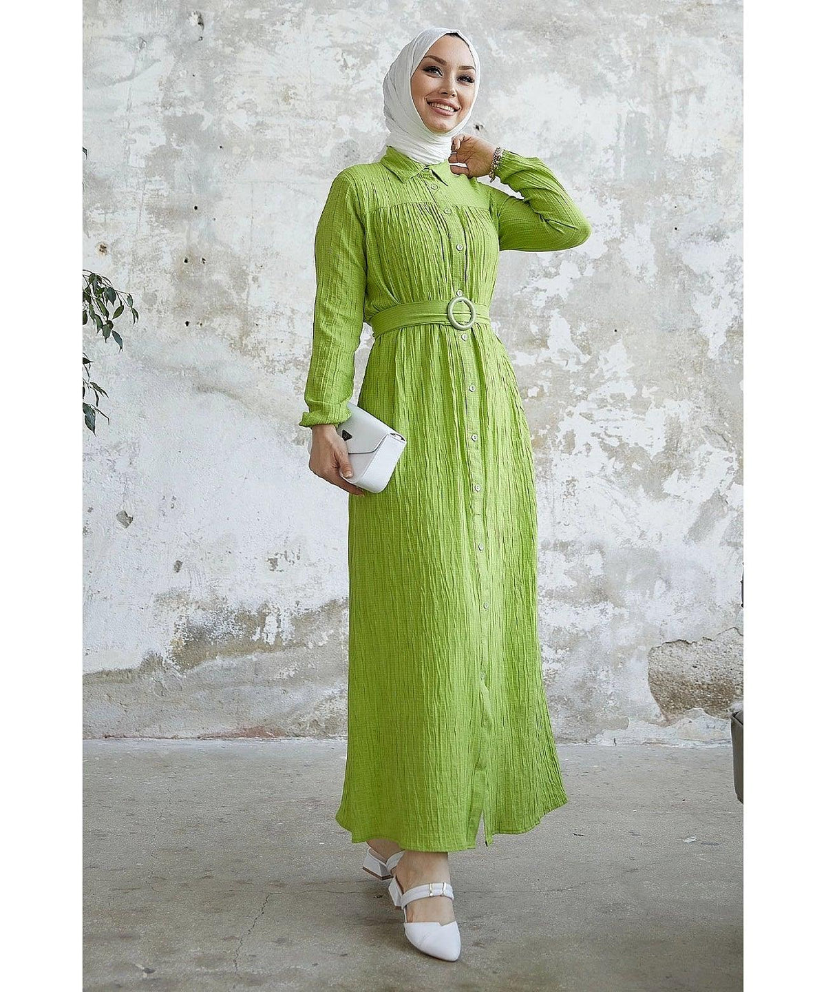 Textured Long Abaya Dress with Belt - Oil Green