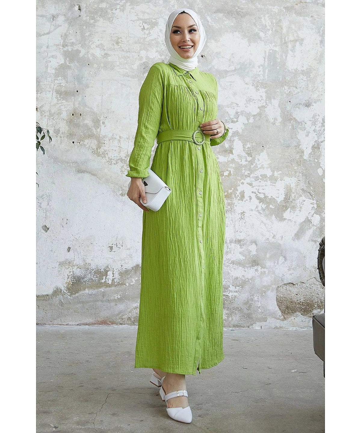 Textured Maxi Eid Abaya Dress with Belt for Muslim Women