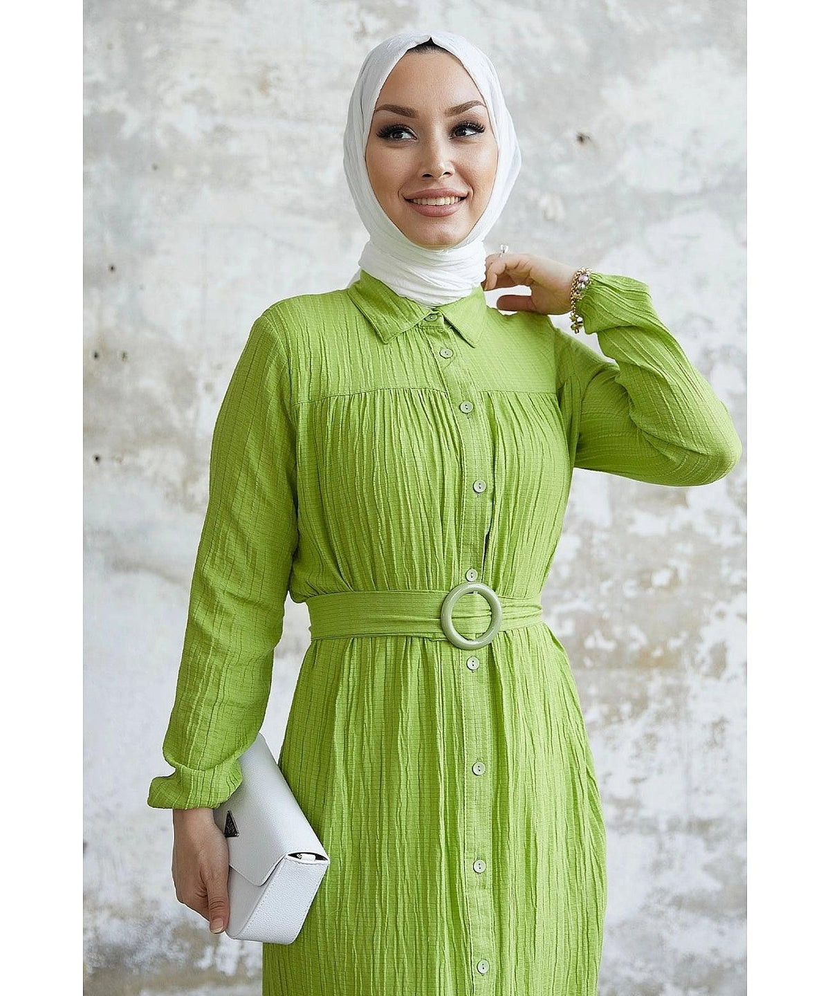 Textured Long Abaya Dress with Belt - Oil Green